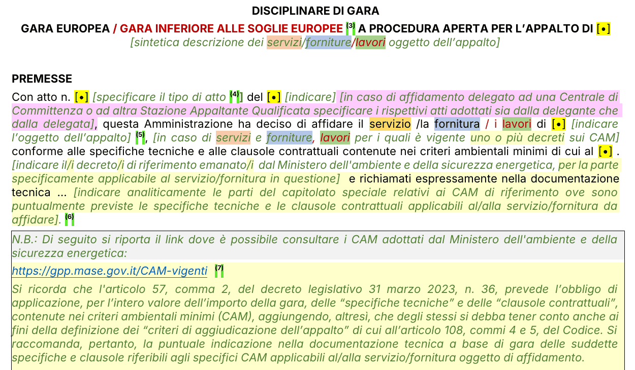 Pagina del Bando tipo Master di BandiTipo24: premesse del disciplinare con clausole colorate per settore, campi da compilare evidenziati, rimandi alle note e un riquadro N.B. con collegamento ai criteri ambientali minimi